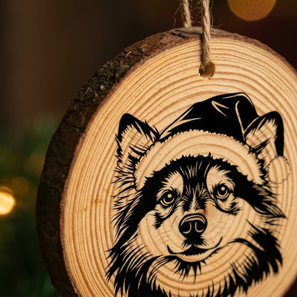 Finnish Lapphund Santa Hat Dog Rustic Pine Christmas Ornament