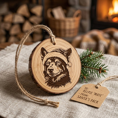 Australian Kelpie Santa Hat Dog Rustic Pine Christmas Ornament