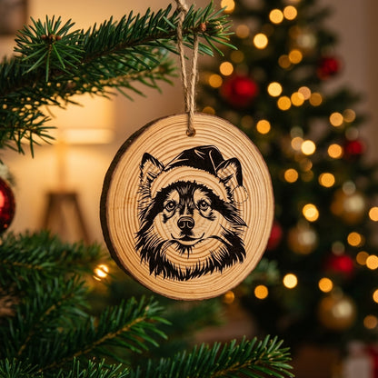 Finnish Lapphund Santa Hat Dog Rustic Pine Christmas Ornament