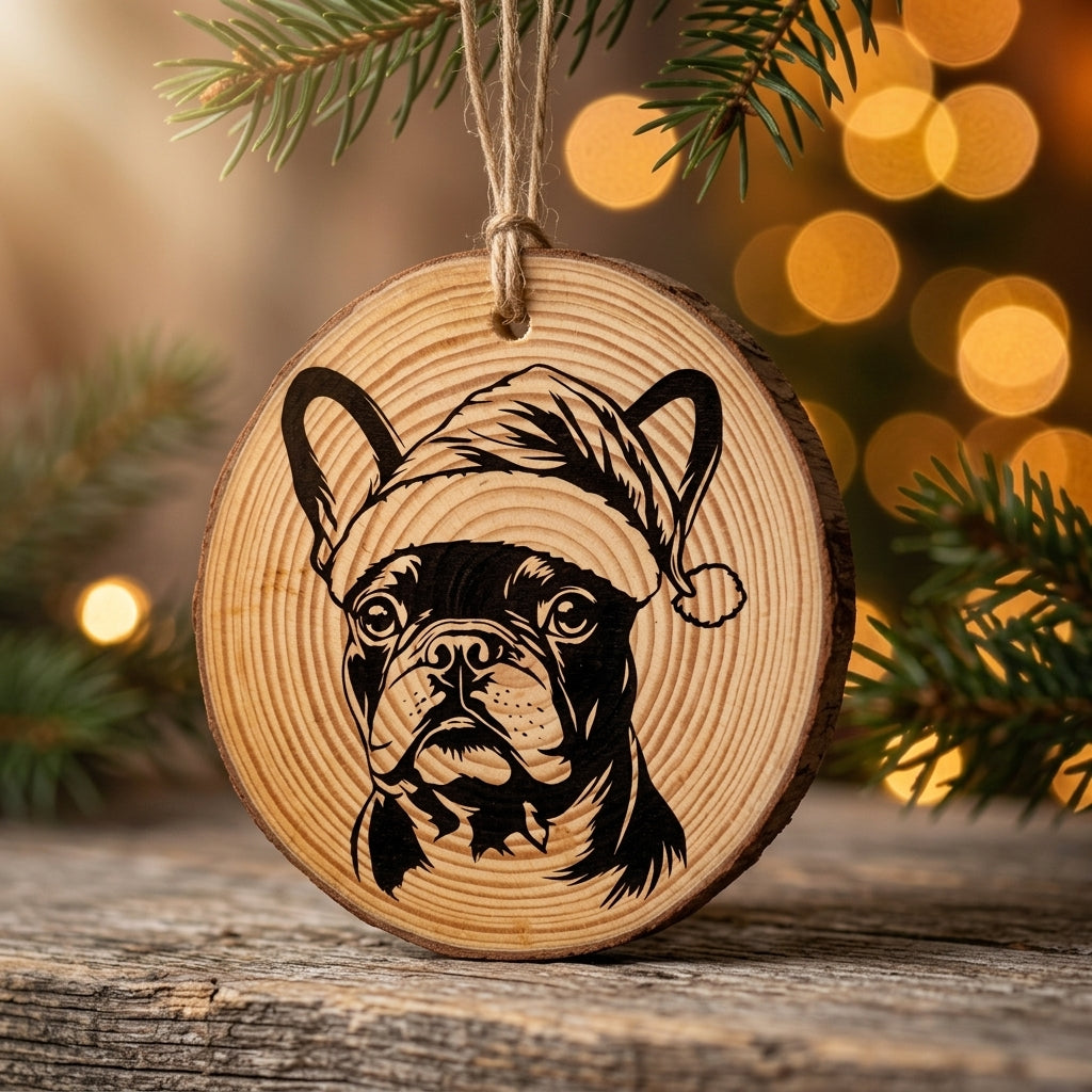 French Bulldog Santa Hat Dog Rustic Pine Christmas Ornament