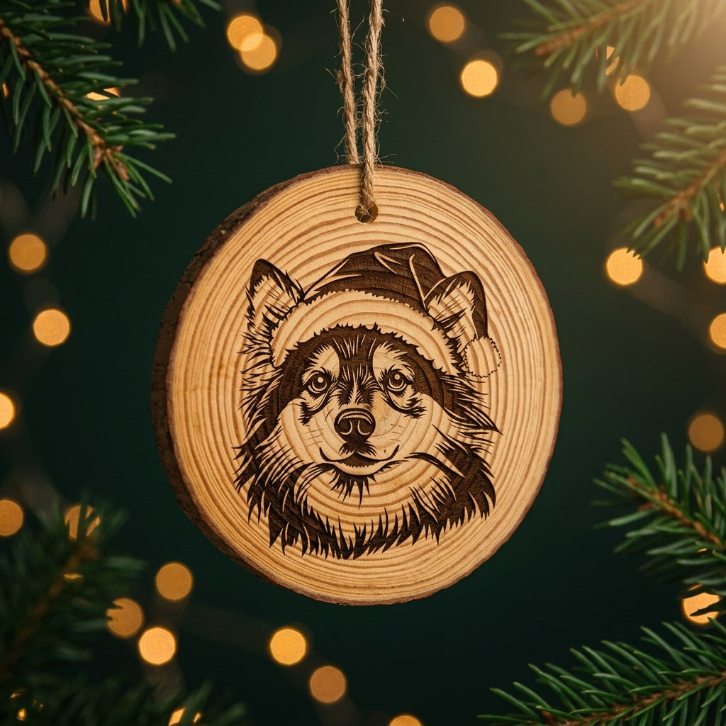 Finnish Lapphund Santa Hat Dog Rustic Pine Christmas Ornament