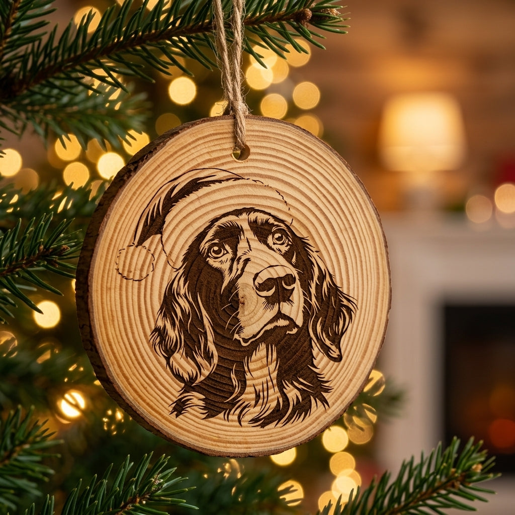 German Longhaired Pointer Santa Hat Dog Rustic Pine Christmas Ornament