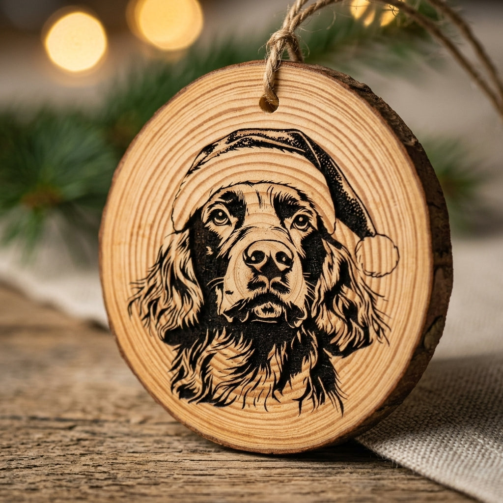 Field Spaniel Santa Hat Dog Rustic Pine Christmas Ornament